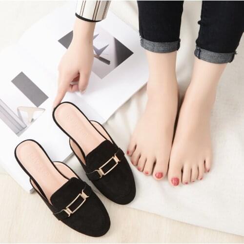 Ladies Winter Lazy Slippers Black Suede Low Heel Slides Womens Mules Shoes Platform Home Slides Female Pumps Footwear Flip Flops