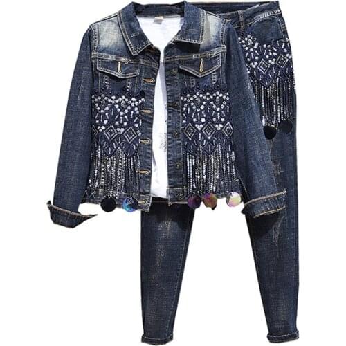 Denim Jeans Women 2 Piece set Jacket and Pencil Jeans Beading Tracksuit Jeans Denim Set Women Two Piece Sets