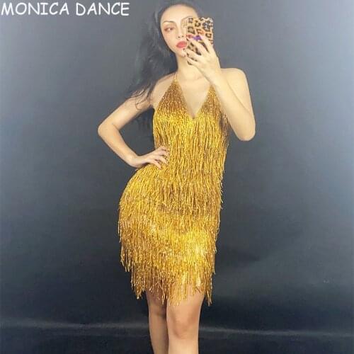Sexy Stage Nightclub Gold Fringe Backless Spandex Short Dress Bar Prom Women Dancer DS Singer Outfit Birthday Celebrate Dress