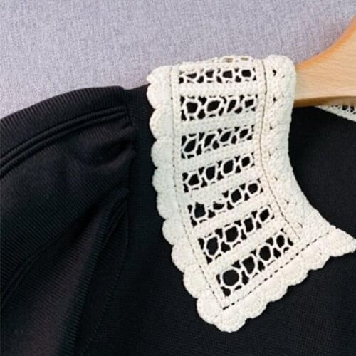 2021 Early Autumn New Doll Collar Hollow Knit Short-sleeved Black Dress Women Mini Dress
