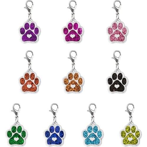 10pcs/Lot Bling Enamel Cat Dog Bear Paw Prints Necklace Pendant Hang Charms Lobster Clasp Keychain Pet Collar Bag DIY Jewelry