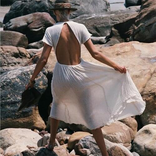 2019 Summer sexy solid see through beach cover up for women long bikini/swim coverup backless dress long holiday sundress white