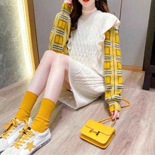2020 New Autumn Winter Fashion Fake Two-Piece Pullover Sweater Mid-Length Loose All-Match Thicken knitting Sweaters Female A304