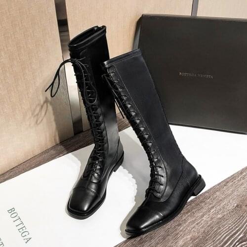 2021 antumn winter lace up long boots women designer low heel motorcycle booties square toe soft leather knee high botas plush