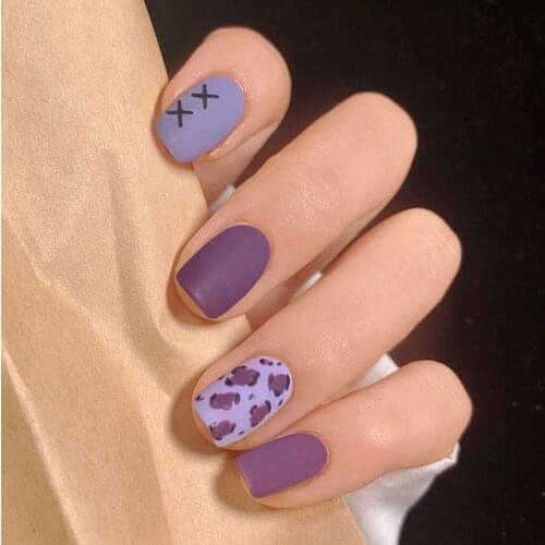 24pcs matte fake nails with glue coffin short nail designed Leopard purple removable Manicure patch False nails Patch
