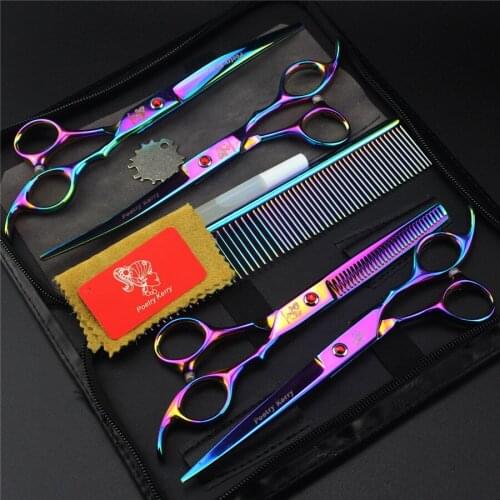 7 inch Pet Scissors Cat Dog Grooming Scissors Set Straight & Curved & Thinning Shears Sharp Edge Animals Hair Cutting Tools Kit