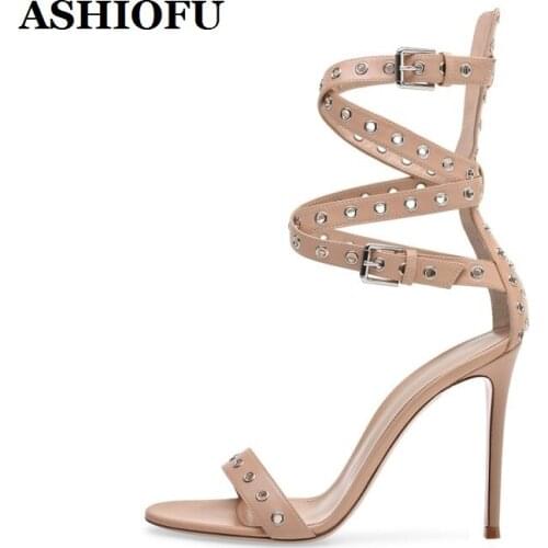 ASHIOFU New Classic Handmade Ladies High Heeled Sandals Fisheyes Buckle Strap Sexy Party Shoes Plus Size Fashion Sandals Shoes