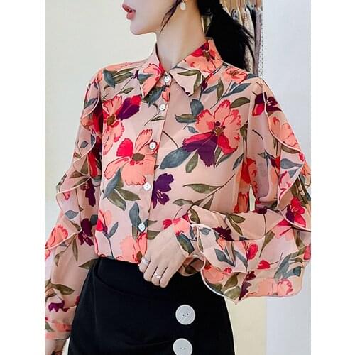 Blouse Women Blusas Mujer De Moda 2021 Ruffles Print Chiffon Blouse Shirt Women Tops Long Sleeve Women Blosues Shirts Blusa B928