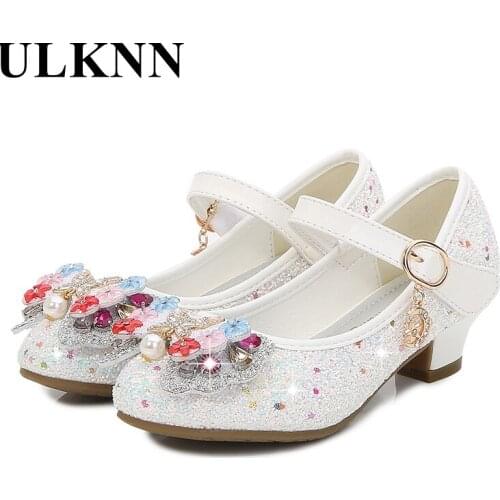 ULKNN Kids Leather Shoes Girls Flower Casual Glitter Children High Heel Summer Sandals Butterfly Knot Party Dress