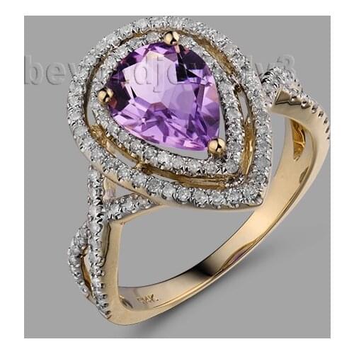 Pear 7x9mm Purple Amethyst Dia 14Kt Yellow Gold Fantastic Engagement Wed Ring SR007