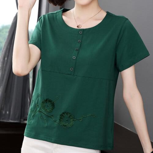 Button T Shirt Cotton Tee Shirt Quality Embroidery Flowers Women Summer Tops Casual Style Female Short Sleeve Soft T-Shirt Femme