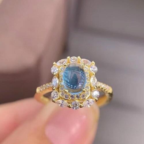 Fine Jewelry 925 Sterling Silver Inlaid Natural Blue Topaz Elegant Adjustable Female Ring Support Test