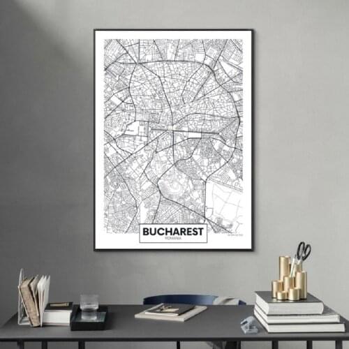 Famous City Map Romania Bucharest Print Canvas Painting Wall Art Pictures Black White Posters and Prints Living Room Home Decor