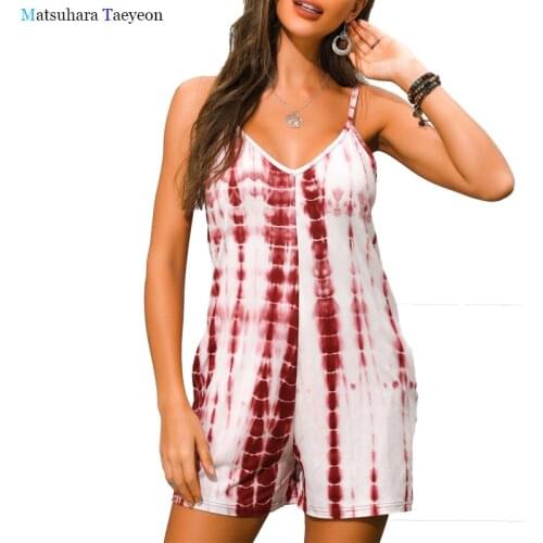 Summer Fashion Tie-dye Print Jumpsuit Shorts Fashion Casual Loose V-neck Beach Rompers Sleeveless Bodycon Sexy Jumpsuit Women