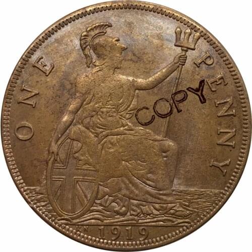 Great Britain George V One 1 Penny 1919 KN Red Copper Copy Coin Plain Edge