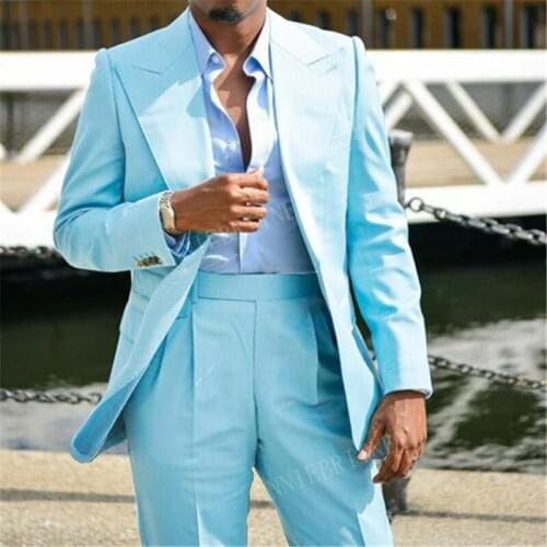 2020 Big Lapel Suit Men 2 pieces Sky Blue Suits Blazer Custom Slim fit Groom Man Suit Dress Exquisite Wedding Jacket Pants Set