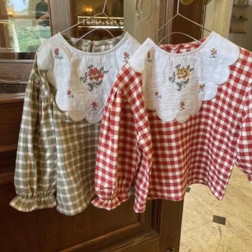 2021 Autumn New Korean Style Baby Girls Floral Embroidery Blouses Toddlers Children Cute Plaid Shirts Kids Clothes