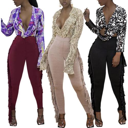 Sexy Tassel Solid Long Pants Women Streetwear High Waisted Skinny Trousers Autumn Winter Casual Pants 2021 New Trendy Party Wear