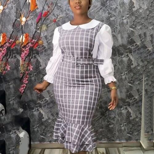 African Ladies Plaid Dress High Waist Ruffles Patchwork Mid Calf Elegant Office Business Work Wear Vestidos Dress Midi 2021 New
