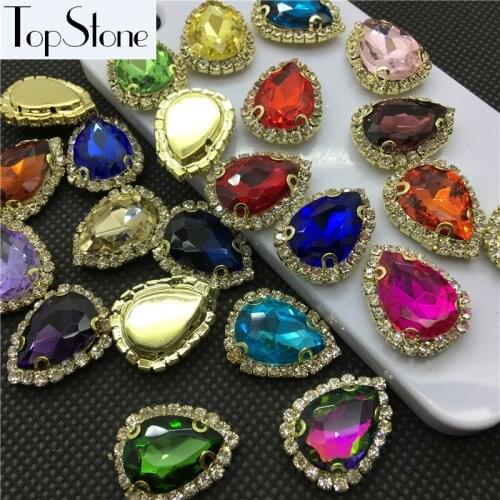 Sew On Teardrop glass crystal fancy stone 13X18mm In Golden handmade claw 18x24mm for Jewelry Making