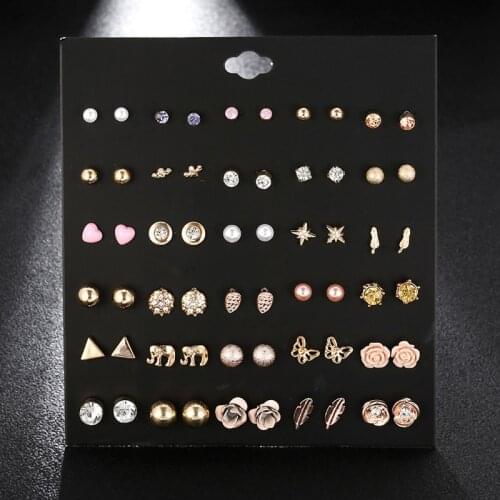 30 Pairs/set Trendy Crystal Rhinestone Small Stud Earrings Set For Women Fashion Gold Alloy Geometric Earring Mixed Jewelry Gift