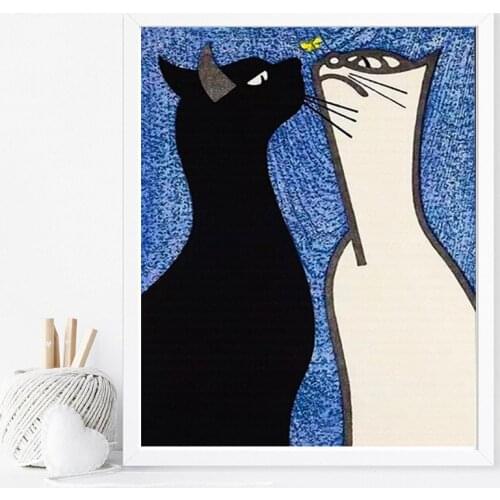 Nordic Minimalist White Cat Black Cat And Butterfly European Modern Decorative Canvas Wall Art Painting Abstract Poster Unframed