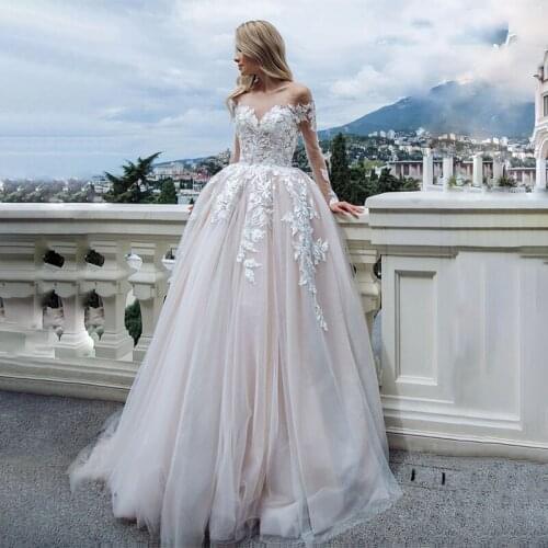 Long Sleeves Appliques Wedding Dresses 2021 A-Line V Neck Lace Tulle Bridal Wedding Gown Floor Length Illusion Vestido De Noiva