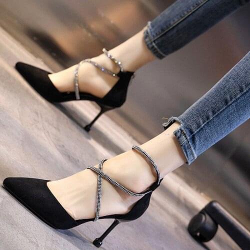 Pointed high heels women stiletto spring and summer new cross straps rhinestones fashion small fresh single shoes women heels
