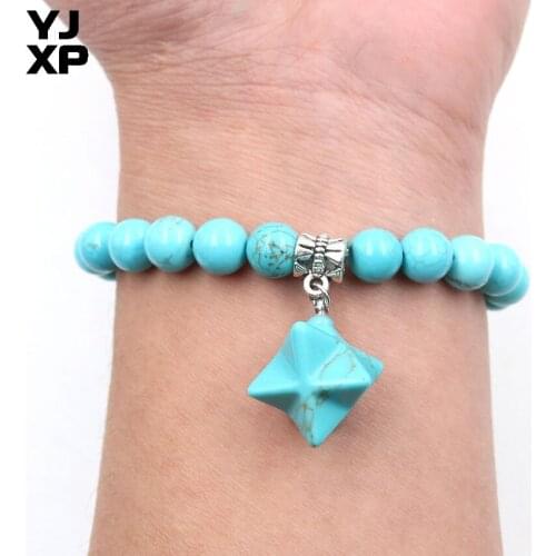 YJXP Ethnic Silver Plated Green Turquoises Stone Beads with Star Bracelets for Anniversary Jewelry