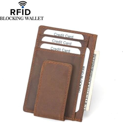 Rfid Blocking Wallet Money Clip Credit Card Case Genuine Leather Magnet Clamp for Money Vintage Front Pocket Wallet Cash Clip