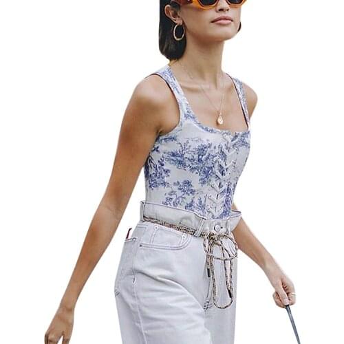 Female Camisole, Floral Print U-Neck Sleeveless Crop Tops Short Vest with Strap for Summer, Blue, S/M/L