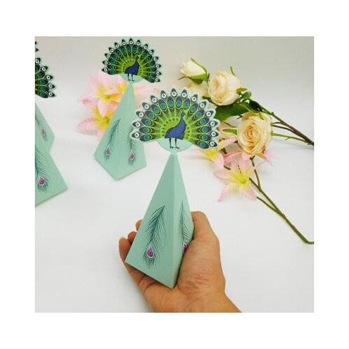 Hot Sale Triangular Pyramid Peacock Ling Baby Shower Paper Boxes Wedding Birthday Cookie Candy Gift Box Packaging Bags