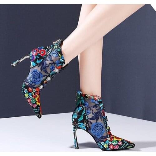 OLOMLB Womens Mesh Floral High Heels Shoes Stilettos Embroidery Flower Ankle Boots Summer Rhinestones Ethnic Breath Real Leather