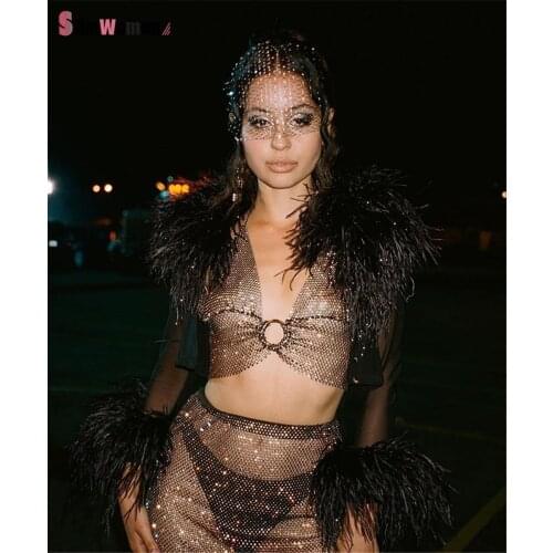 Sexy See Through Rhinestone Mesh Skirt Set Summer Women Black Hollow Diamonds Party Outfits Club Beach Cami Tops 2021 Vestidos