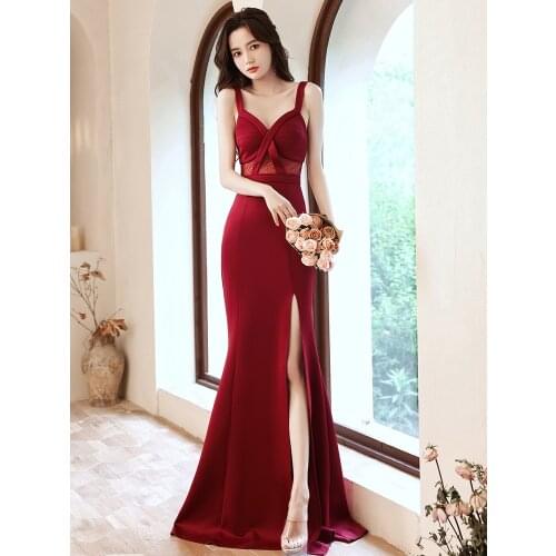 Partysix Sexy Slit Evening Dress Womens Backless Strap Dress Party Maxi Dress Crystal Long Prom Dress