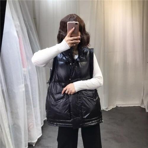Winter Womens Shiny Long Vest Coat Solid Hooded Sleeveless Zipper Jacket Plus Size Warm Thick Casual Parka Outwear Fashion 2021