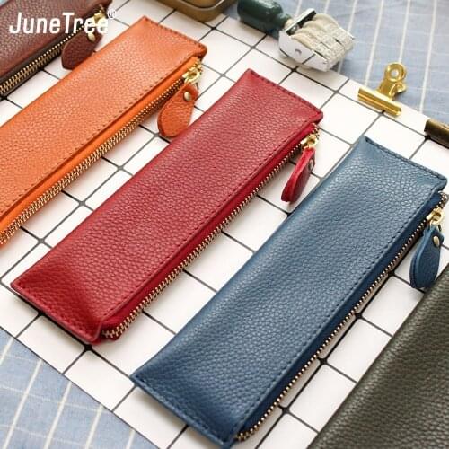 100% Genuine soft Leather Zipper Pen Bag Pencil Pouch Cases Creative full Grain Leather Cute Stationary Capacity School Bag