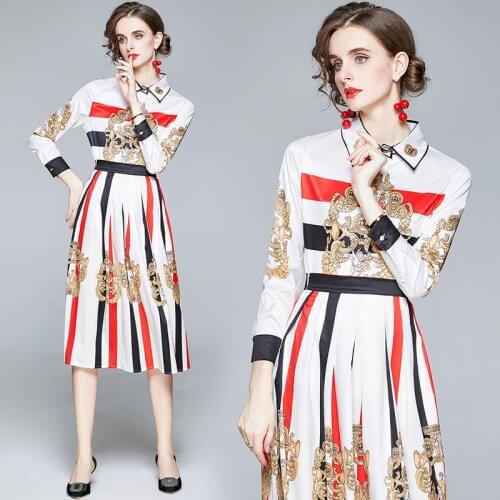 2020 New Spring Autumn High Quality Designer Stripe Print Runway Women Full Sleeve Self-Portrait Vestidos Tunic Party 2pcs Dress
