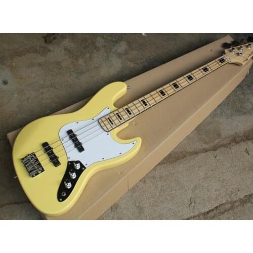 4-String Yellow Electric Jazz Bass Guitar with Black Inlay and Chrome Hardware,White Pickguard,Offer Customized