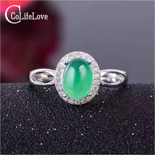 Promotion Chalcedony Ring 6mm*8mm Natural Green Chalcedony Silver Ring for Woman Solid 925 Sterling Silver Gemstone Ring