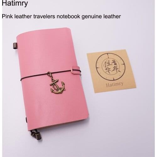 Hatimry Genuine leather travelers jorunal notebook Pink leather color notepad diary spiral free engrave name school supplies