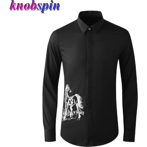 Brand Cotton Shirt Men Solid Horse Embroidery Long Sleeve Shirts For Men Casual Slim Business Male Dress Shirts Plus size Camisa