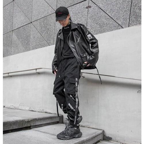 Techwear Pants Mens Black Harem Overalls Streetwear Multi-pocket Ribbon Mens Sports Pants Mens Casual Pants Hip-hop Jogger