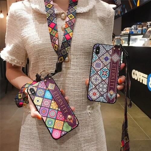 Suitable for IPhone 11promax 6/7/8plus Lanyard Wristband Case Soft for IPhone XSmax XS XR X Color Painting Bracket