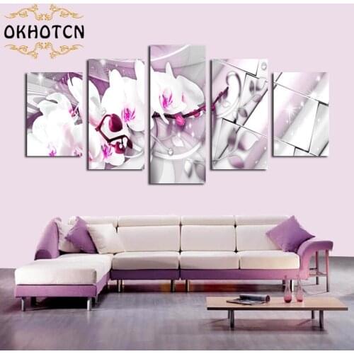 HD Print Canvas Painting 5 Parts Purple Flower Modular Painting Wall Art Canvas Painting Living Room Background Wall Decoration