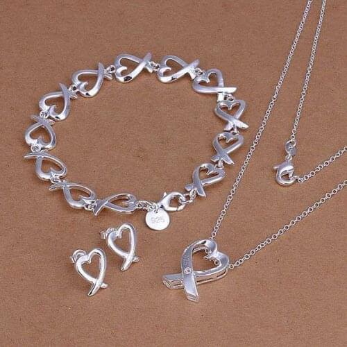 Factory price top quality 925 sterling silver heart jewelry sets necklace bracelet bangle earring ring SMTS203
