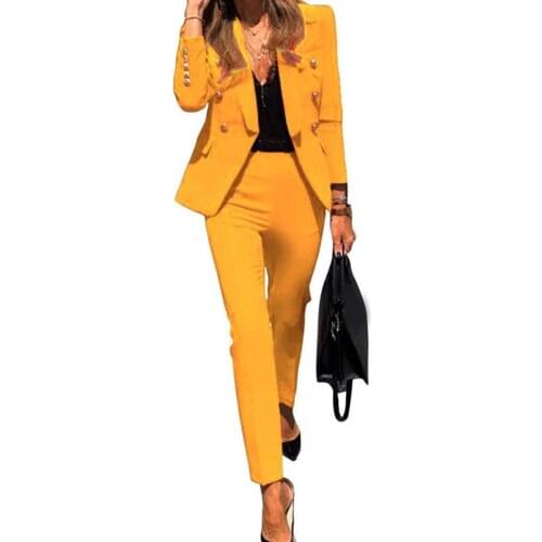 Women Suit Set Solid Color Fake Flap Pockets Two-piece Lapel Buttons Blazer Pencil Pants for Wedding