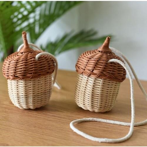 Handwoven Round Rattan Bag Bucket Tropical Beach Style Woven Shoulder Rattan Bag Photo Props