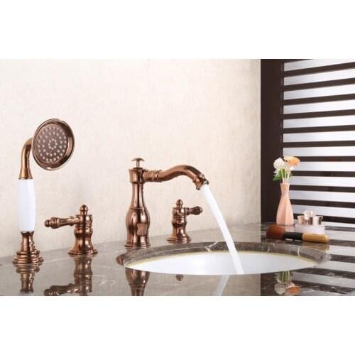 Rose gold 4 holes Double handle Brass Bathroom Basin faucet Bath Tub Faucet with Pull Out Handheld Showerhead Mixer Taps