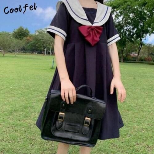 COOLFEL Summer Japanese Preppy Style Lolita Sailor Collar Bow-knot Dress Kawaii Girls Sweet Short Sleeve Dresses
